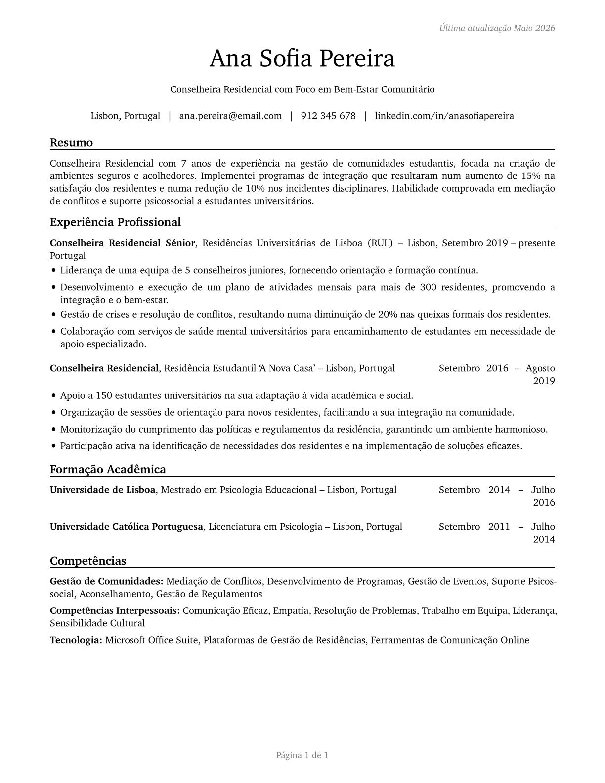 Residential Advisors CV in Portuguese — page 1