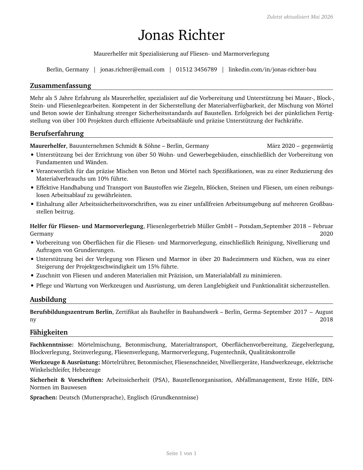 Helpers--Brickmasons, Blockmasons, Stonemasons, and Tile and Marble Setters CV in German — page 1
