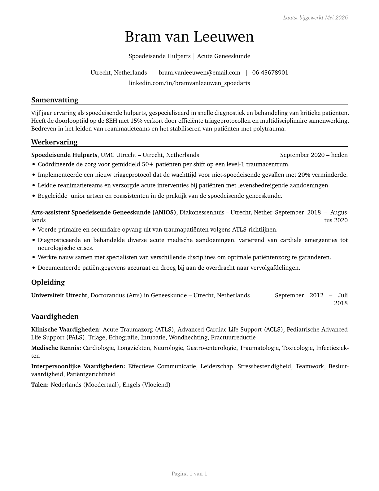 Emergency Medicine Physicians CV in Dutch — page 1