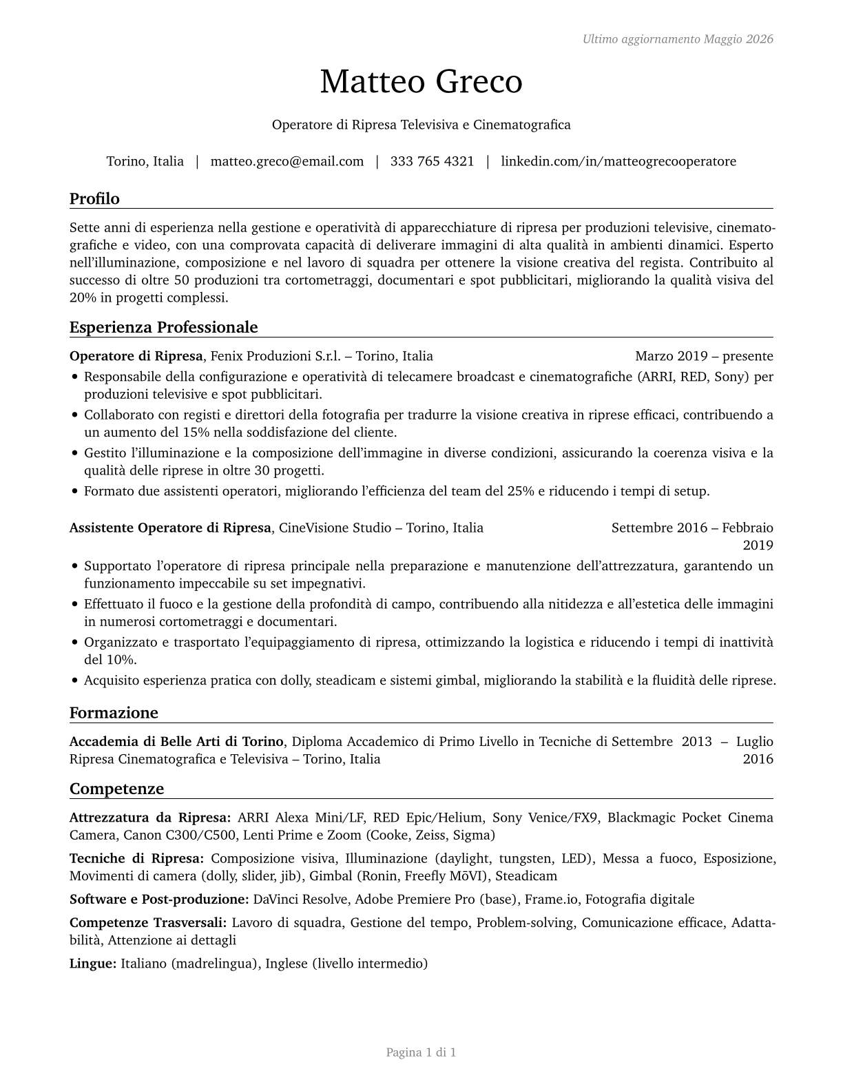 Camera Operators, Television, Video, and Film CV in Italian — page 1