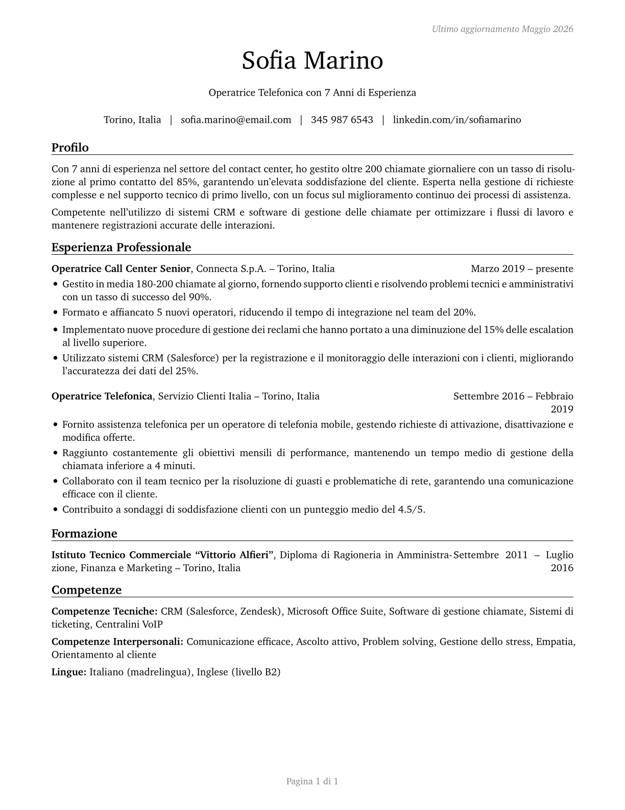 Telephone Operators CV in Italian — page 1