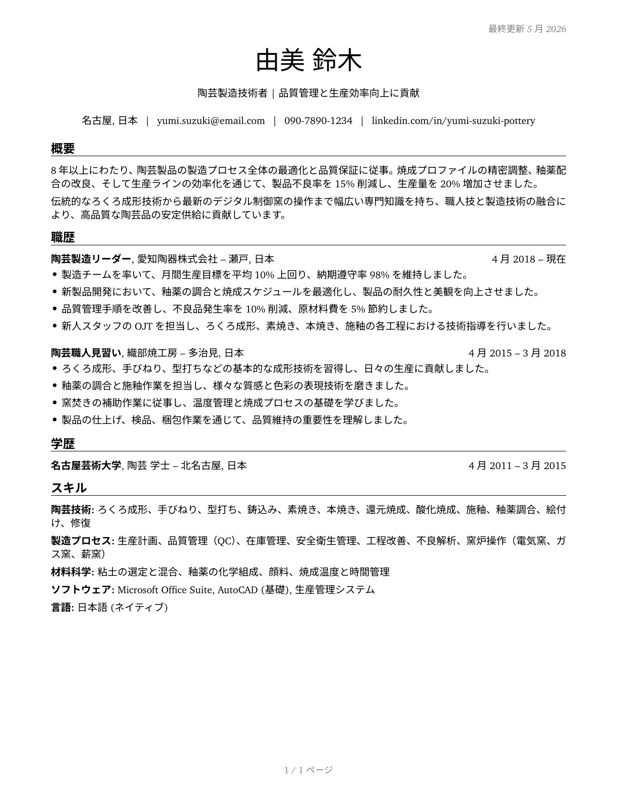 Potters, Manufacturing CV in Japanese — page 1