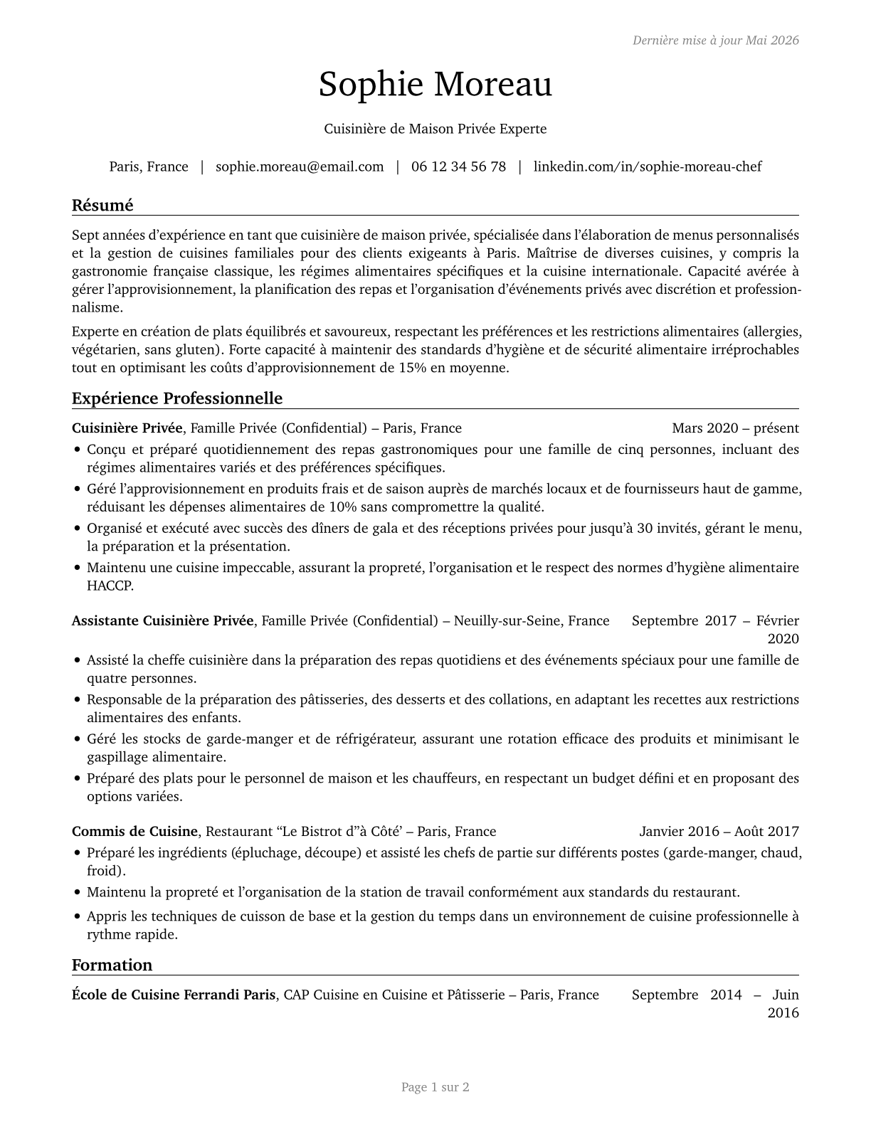 Cooks, Private Household CV in French — page 1