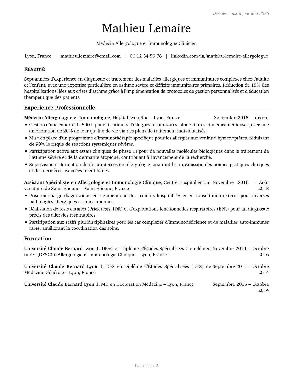 Allergists and Immunologists CV in French — page 1