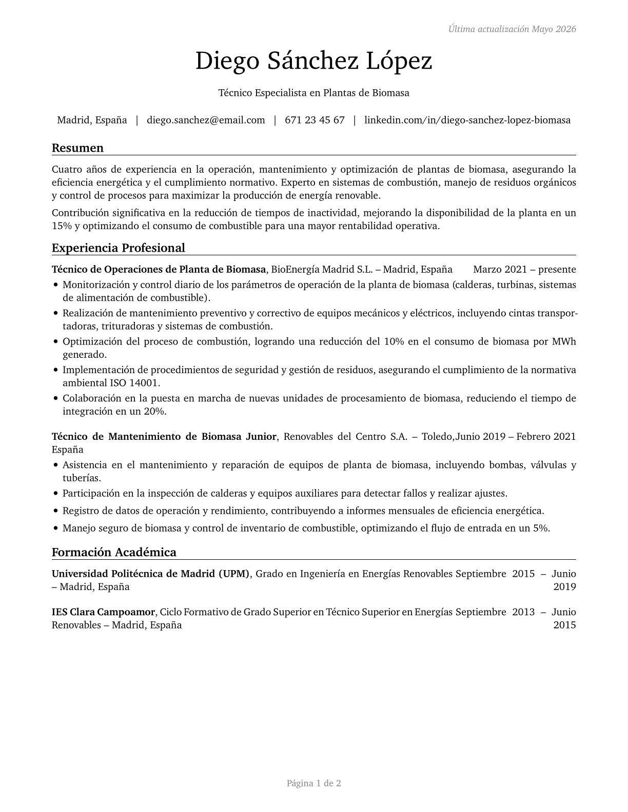 Biomass Plant Technicians CV in Spanish — page 1