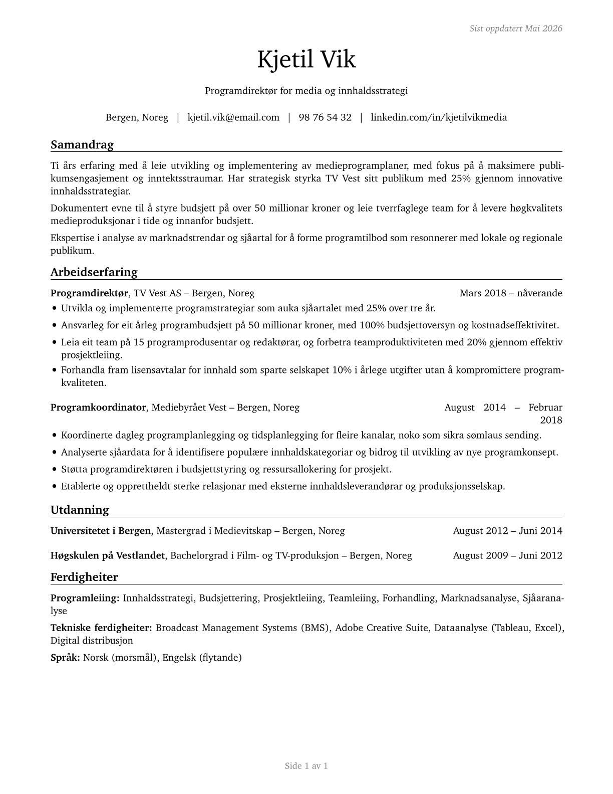Media Programming Directors CV in Norwegian_nynorsk — page 1