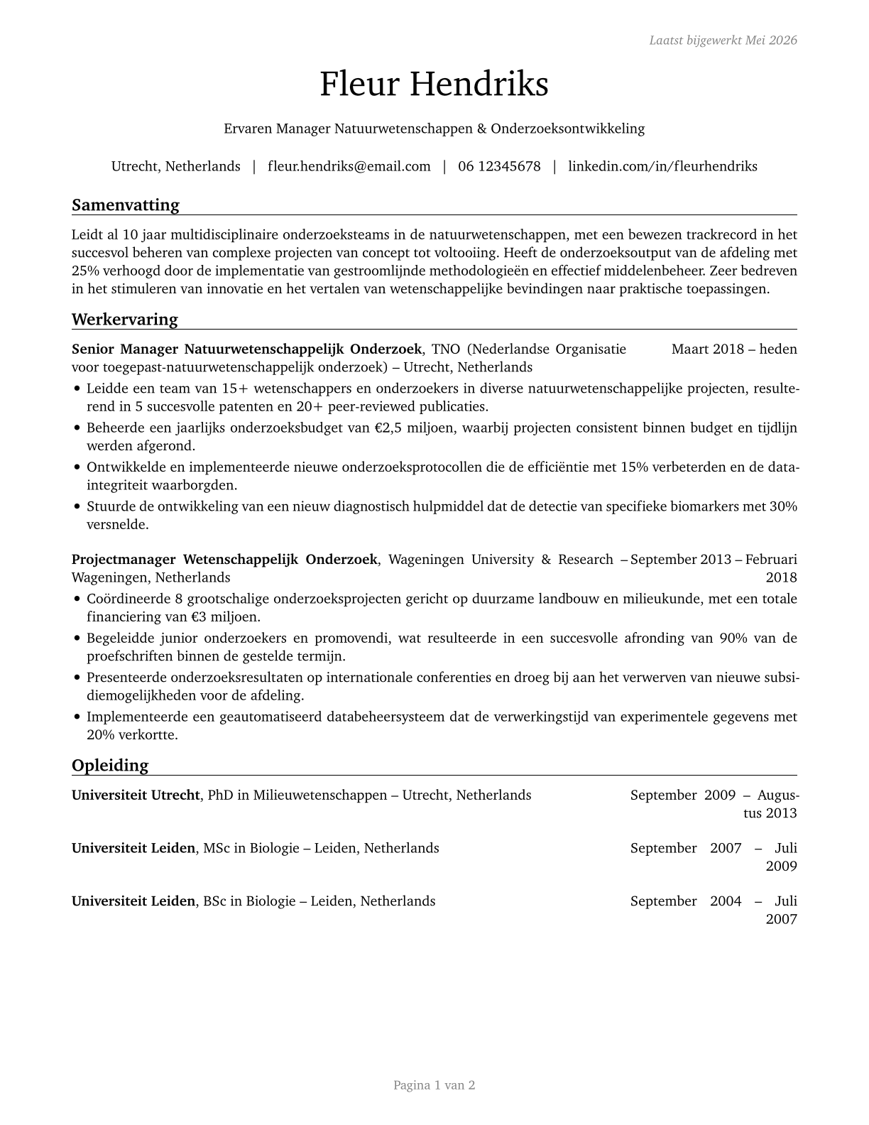 Natural Sciences Managers CV in Dutch — page 1