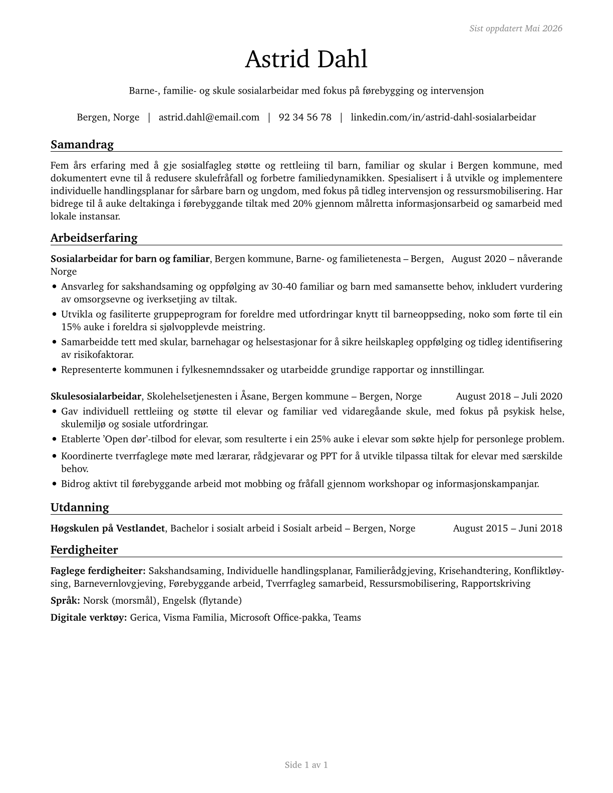 Child, Family, and School Social Workers CV in Norwegian_nynorsk — page 1