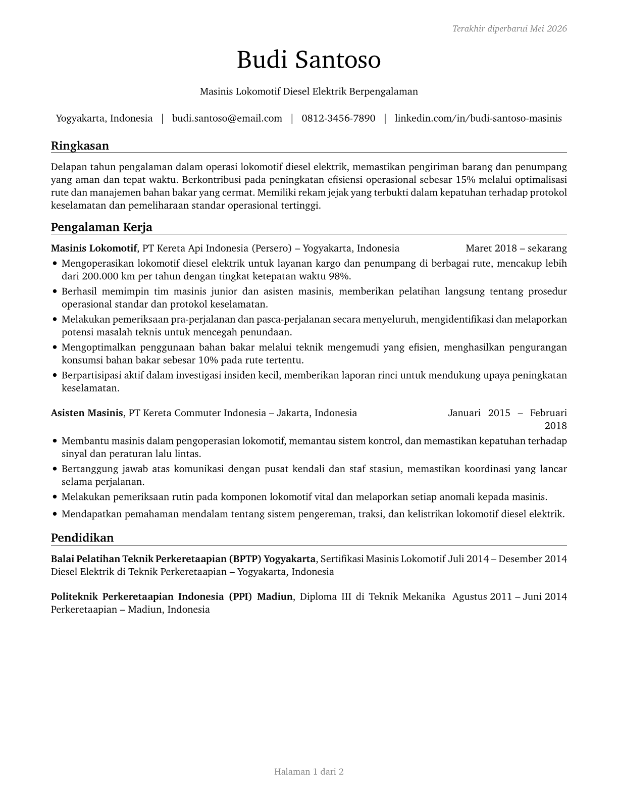 Locomotive Engineers CV in Indonesian — page 1