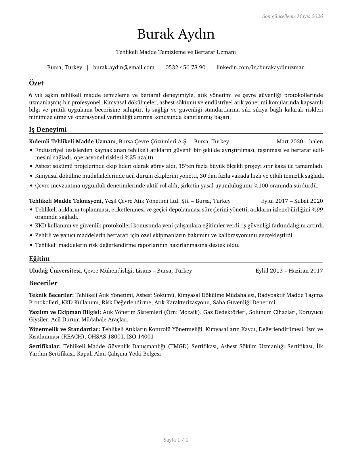 Hazardous Materials Removal Workers CV in Turkish — page 1