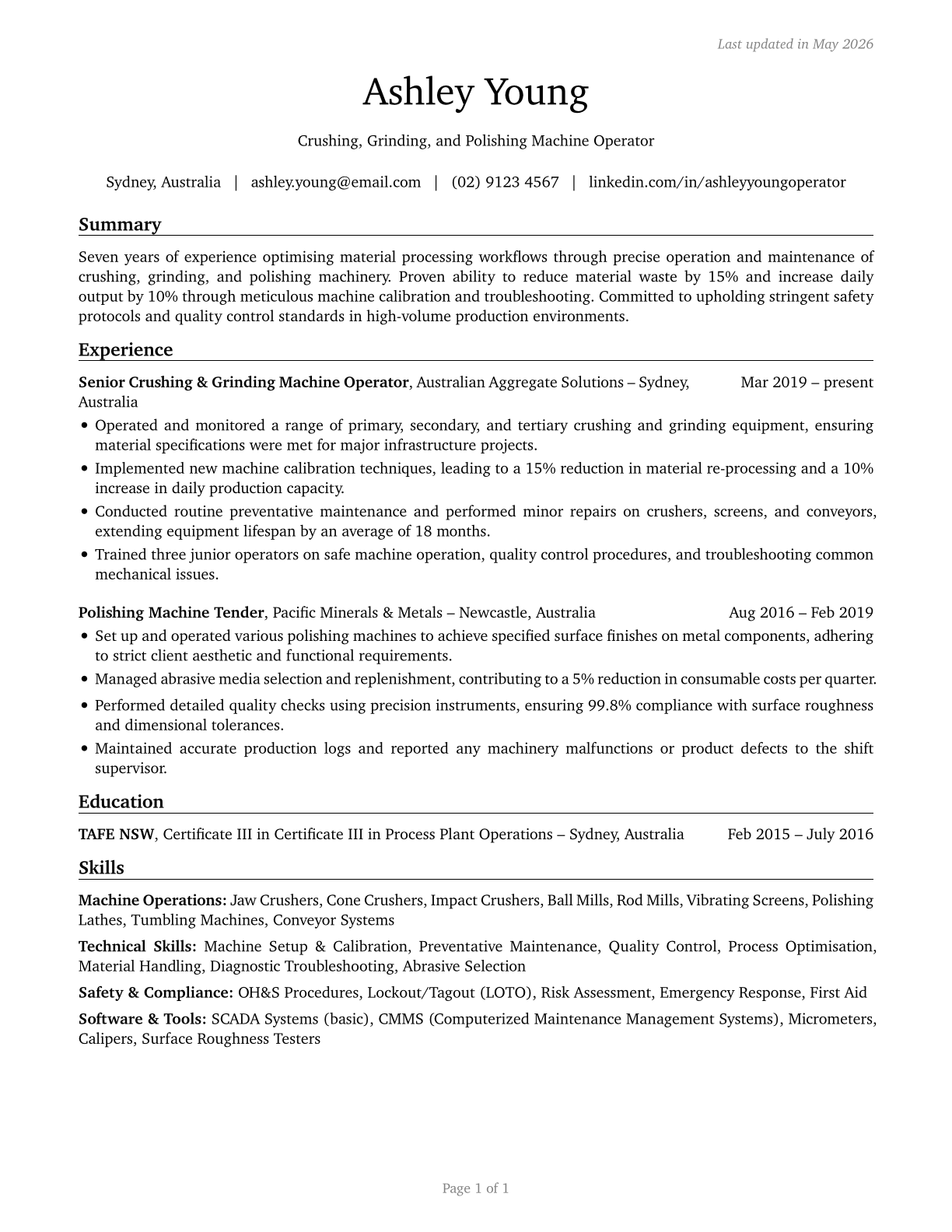 Crushing, Grinding, and Polishing Machine Setters, Operators, and Tenders CV in English — page 1