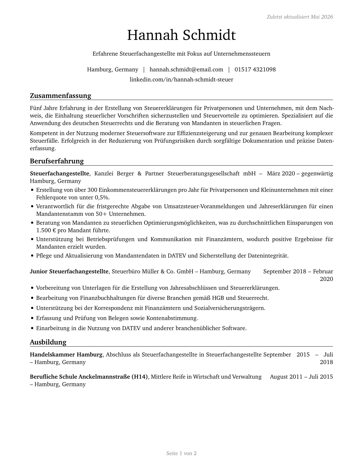 Tax Preparers CV in German — page 1
