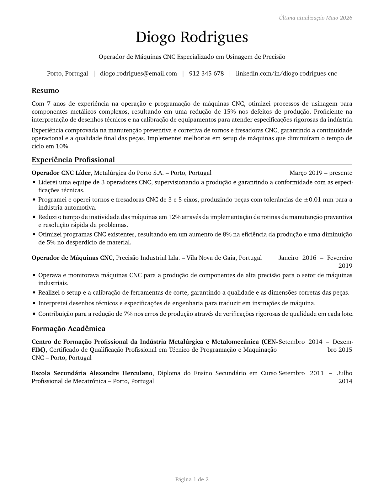 Computer Numerically Controlled Tool Operators CV in Portuguese — page 1
