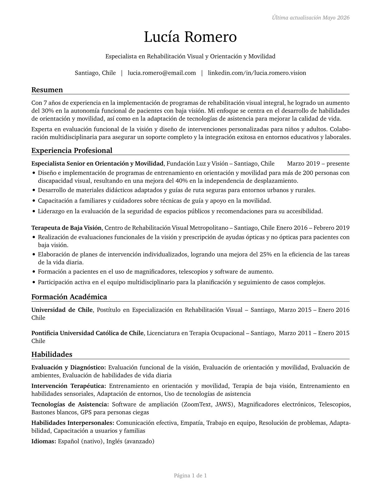 Low Vision Therapists, Orientation and Mobility Specialists, and Vision Rehabilitation Therapists CV in Spanish — page 1