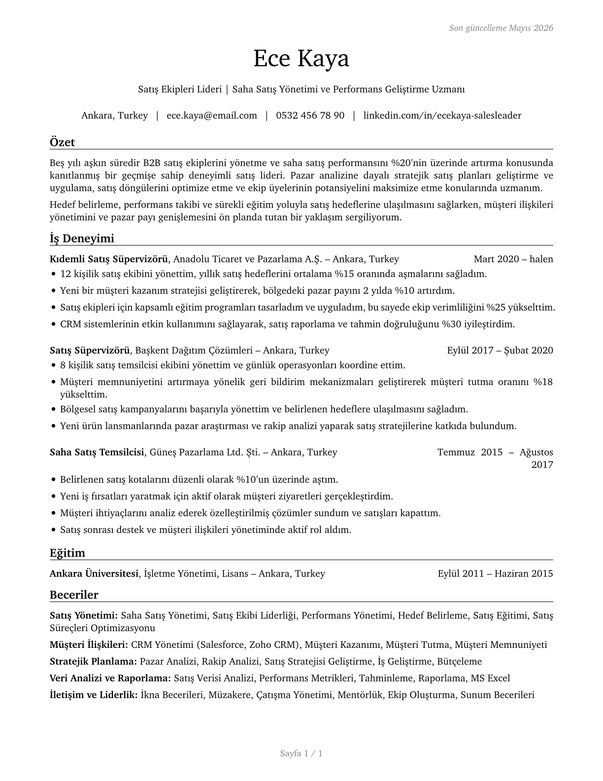 First-Line Supervisors of Non-Retail Sales Workers CV in Turkish — page 1