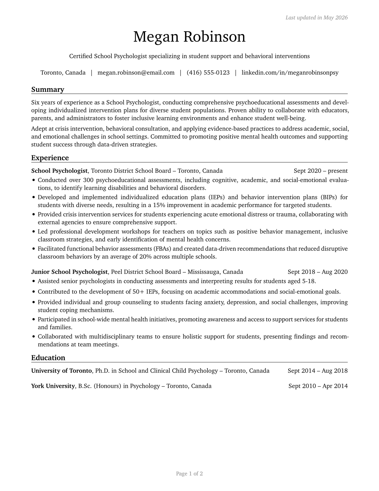 School Psychologists CV in English — page 1