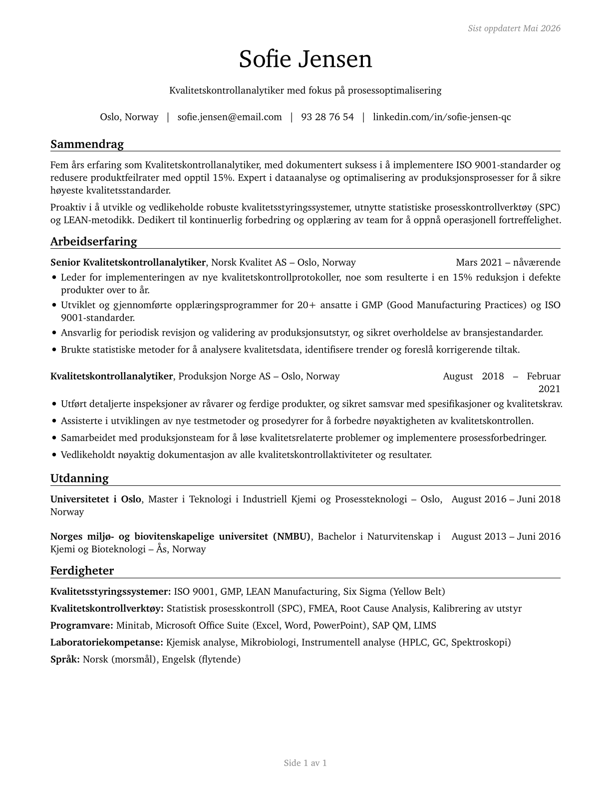 Quality Control Analysts CV in Norwegian_bokmal — page 1
