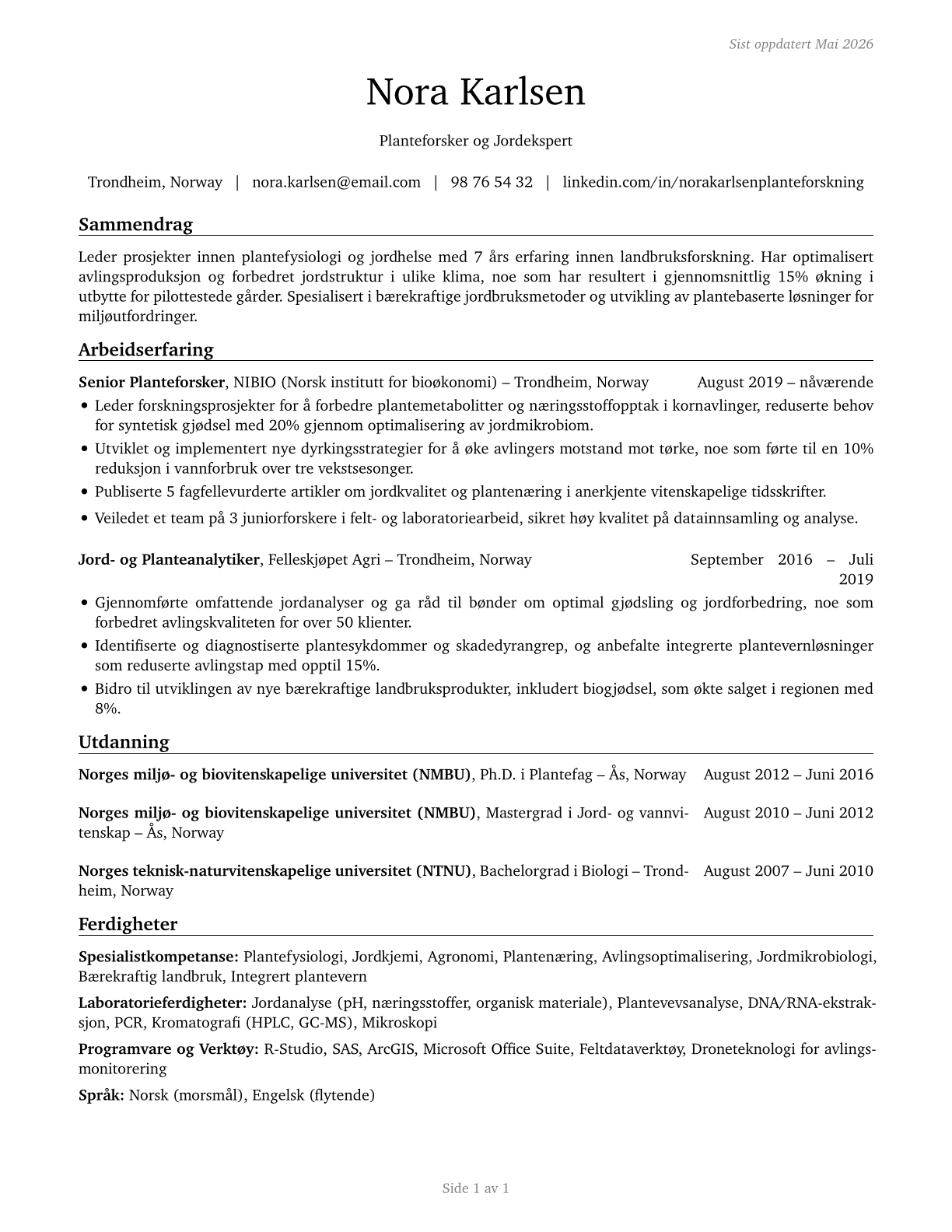 Soil and Plant Scientists CV in Norwegian_bokmal — page 1