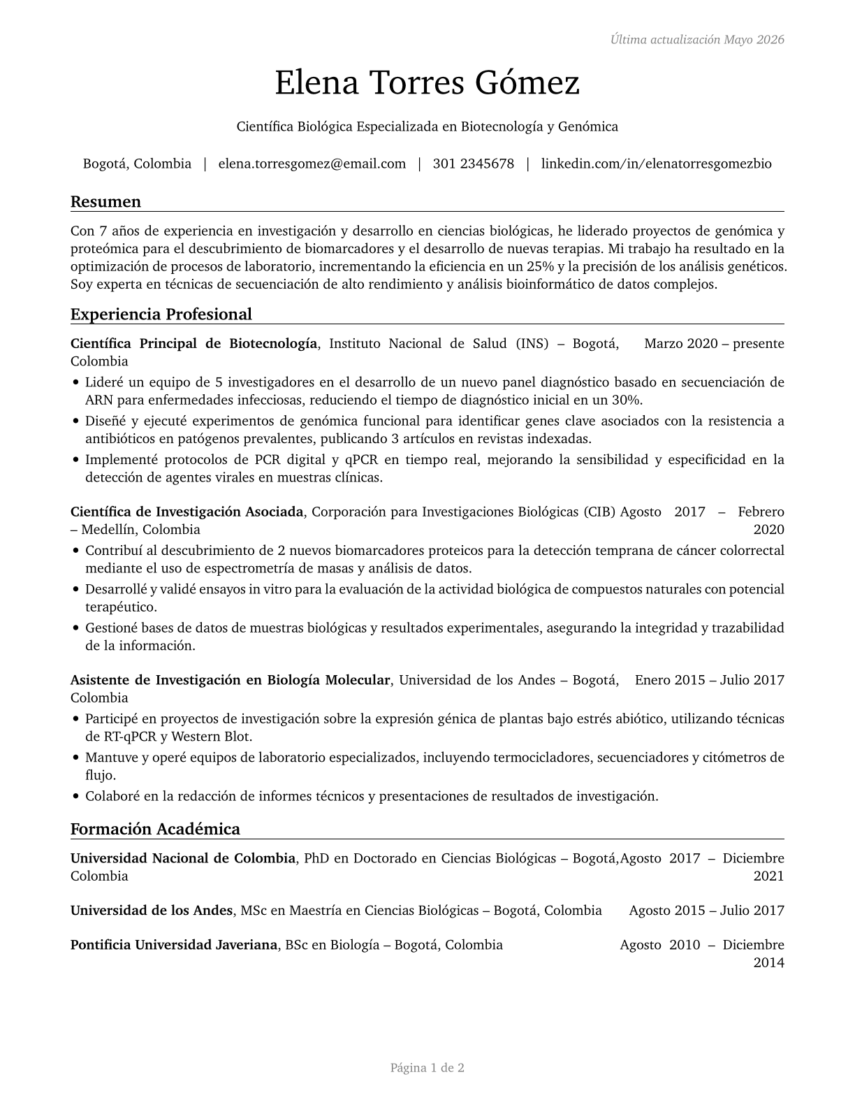 Biological Scientists, All Other CV in Spanish — page 1