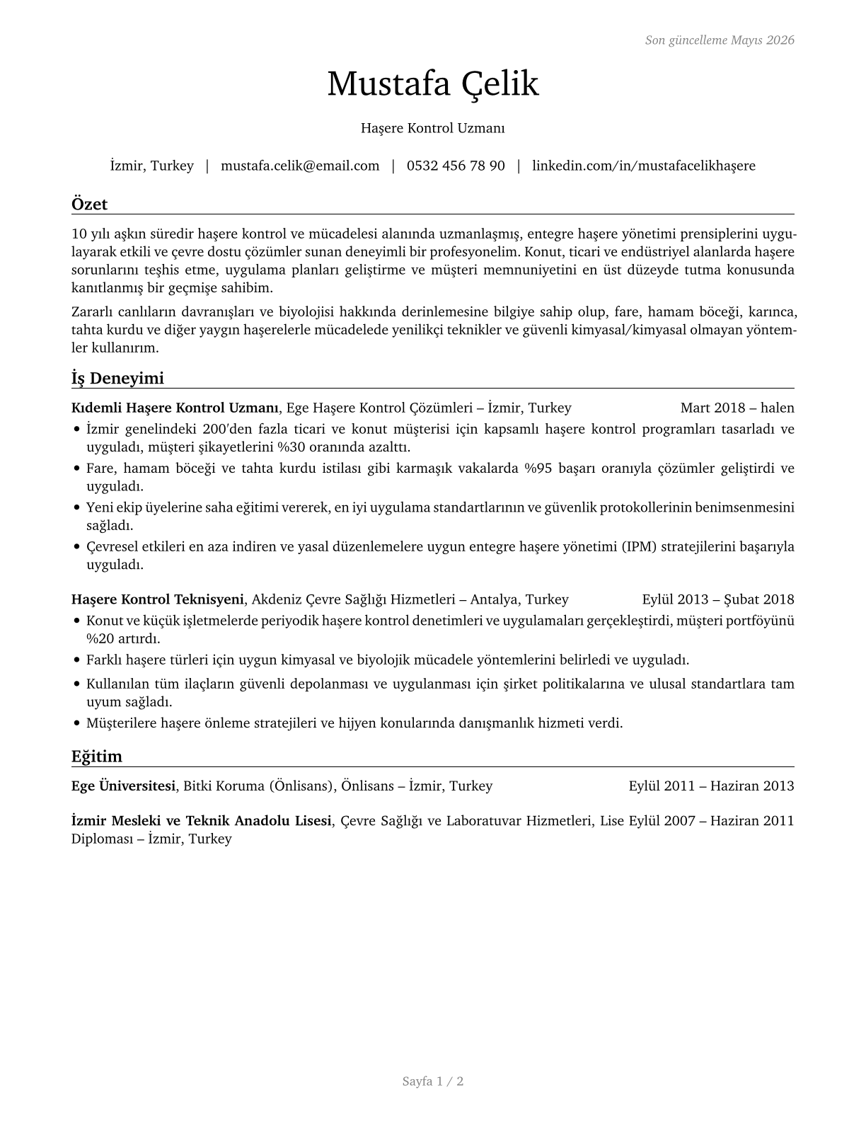 Pest Control Workers CV in Turkish — page 1