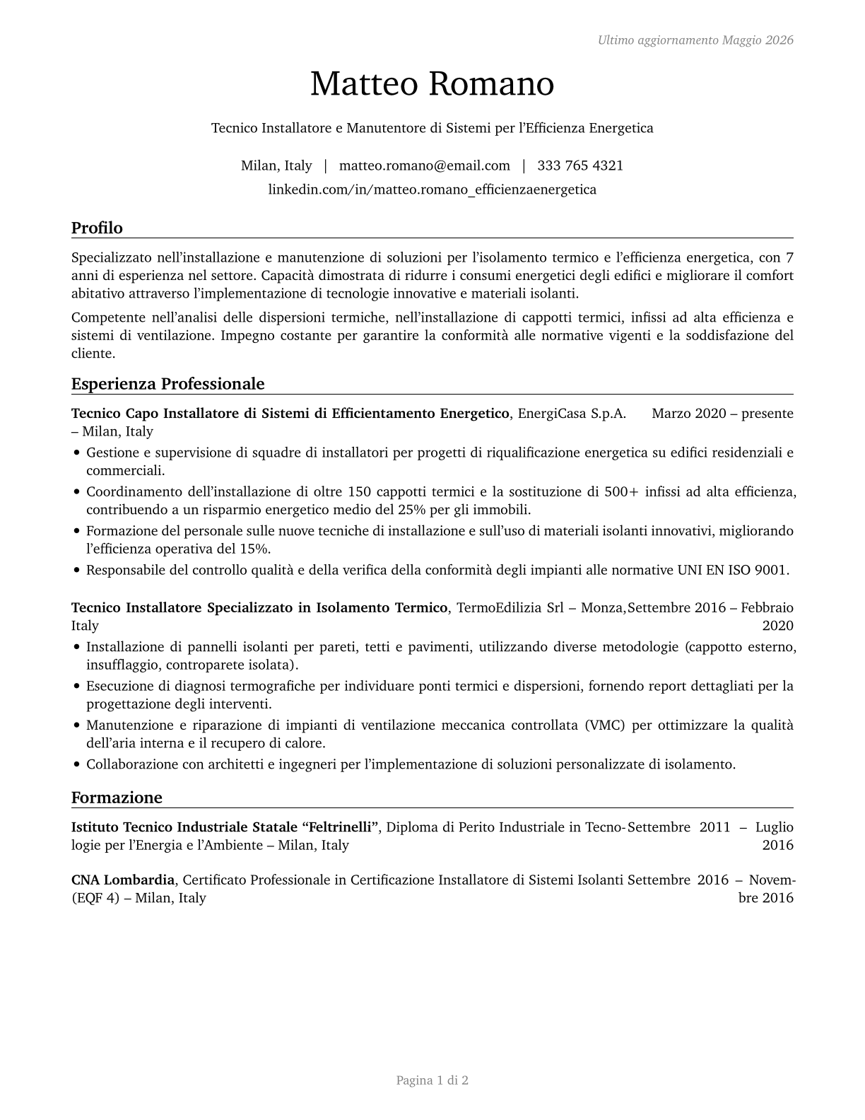Weatherization Installers and Technicians CV in Italian — page 1