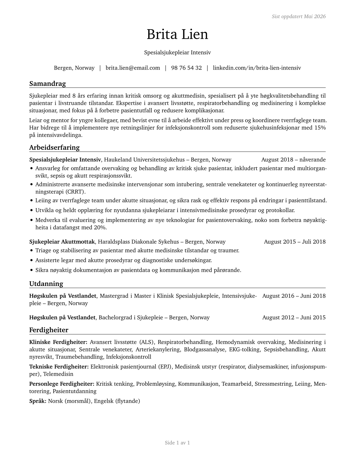 Critical Care Nurses CV in Norwegian_nynorsk — page 1