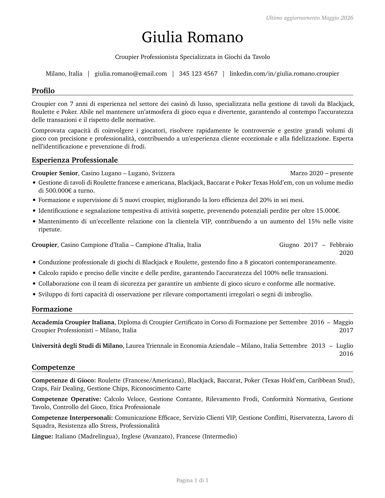 Gambling Dealers CV in Italian — page 1