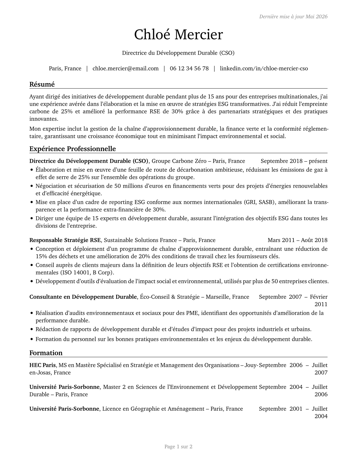 Chief Sustainability Officers CV in French — page 1