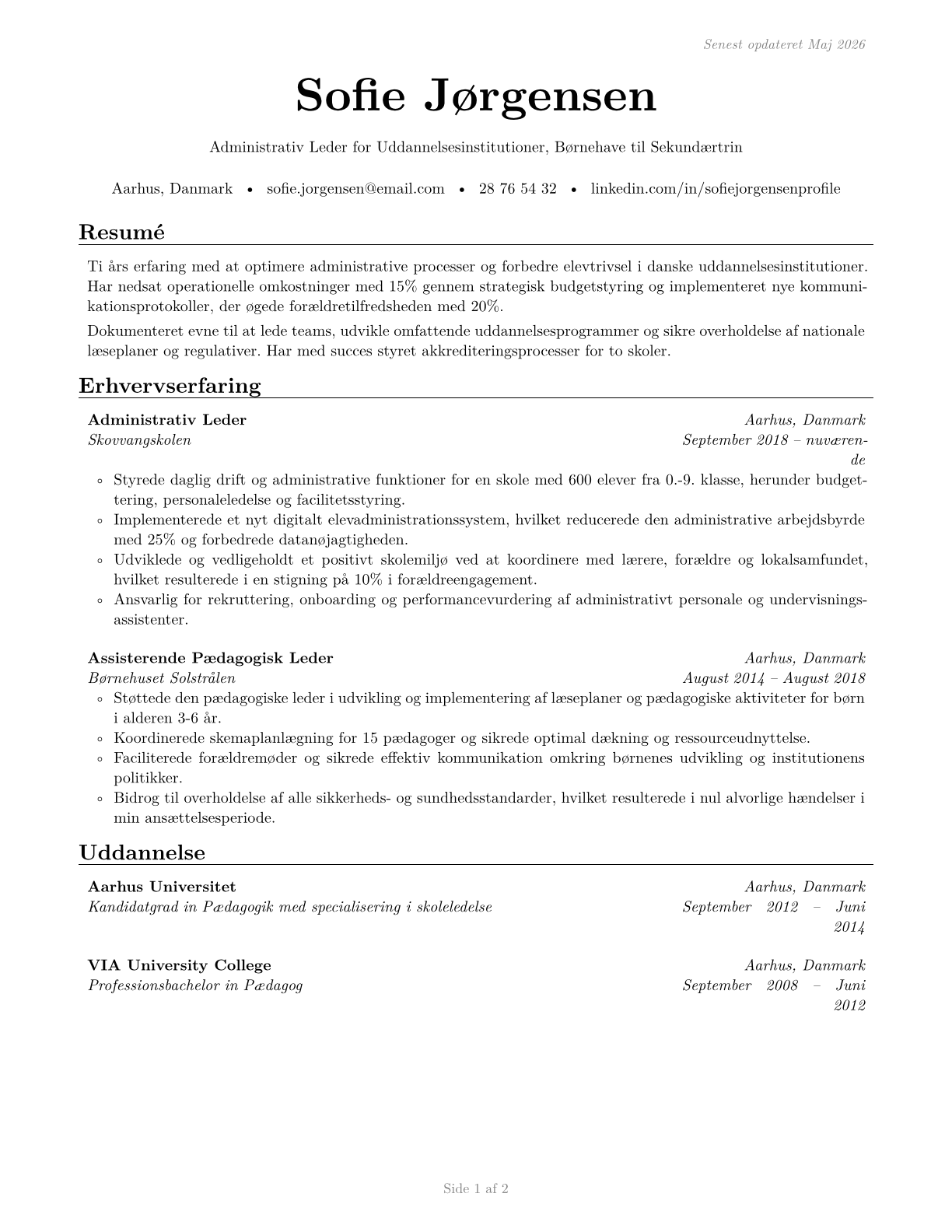Education Administrators, Kindergarten through Secondary CV in Danish — page 1