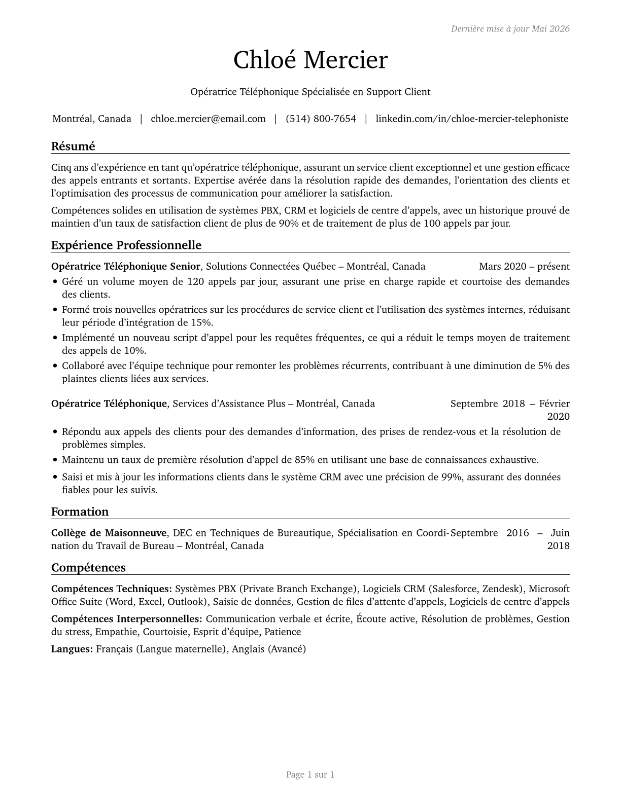 Telephone Operators CV in French — page 1