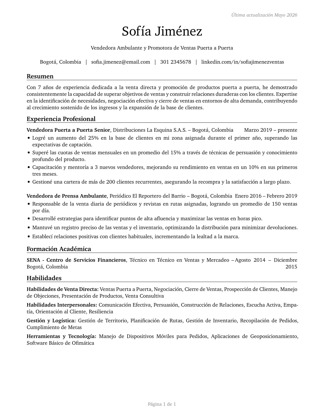 Door-to-Door Sales Workers, News and Street Vendors, and Related Workers CV in Spanish — page 1