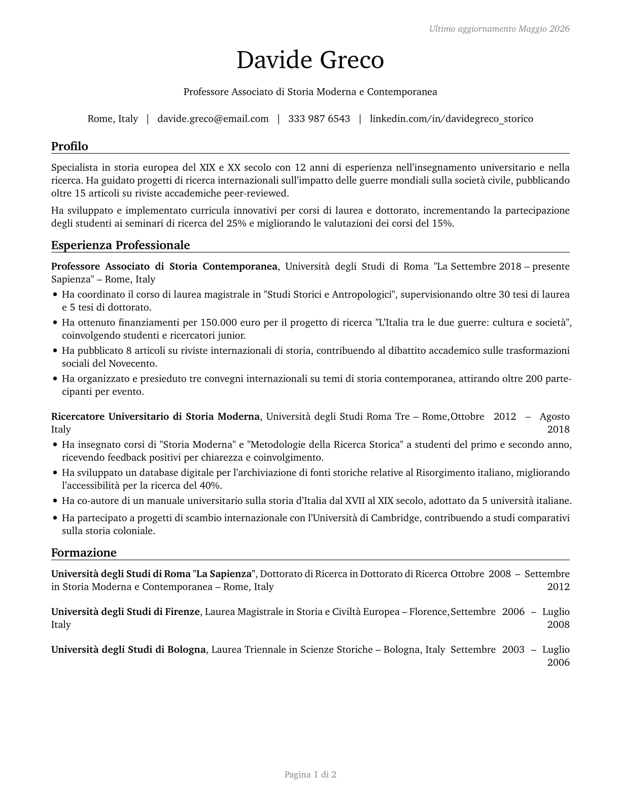 History Teachers, Postsecondary CV in Italian — page 1
