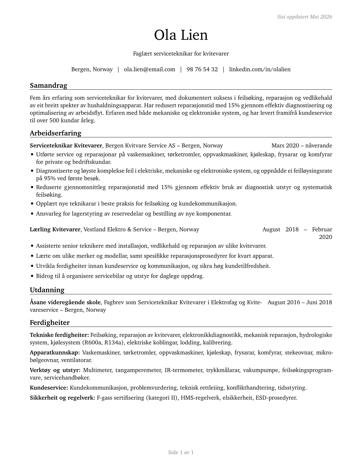 Home Appliance Repairers CV in Norwegian_nynorsk — page 1