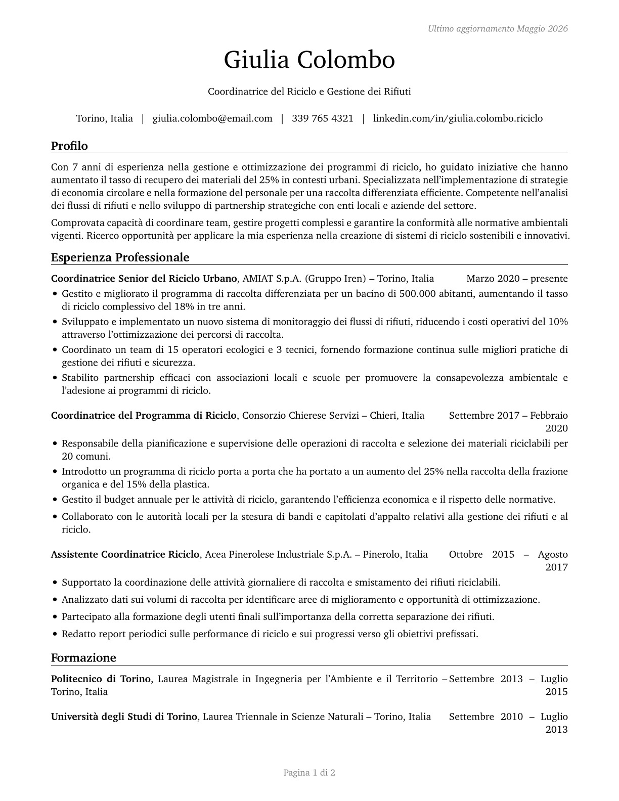 Recycling Coordinators CV in Italian — page 1