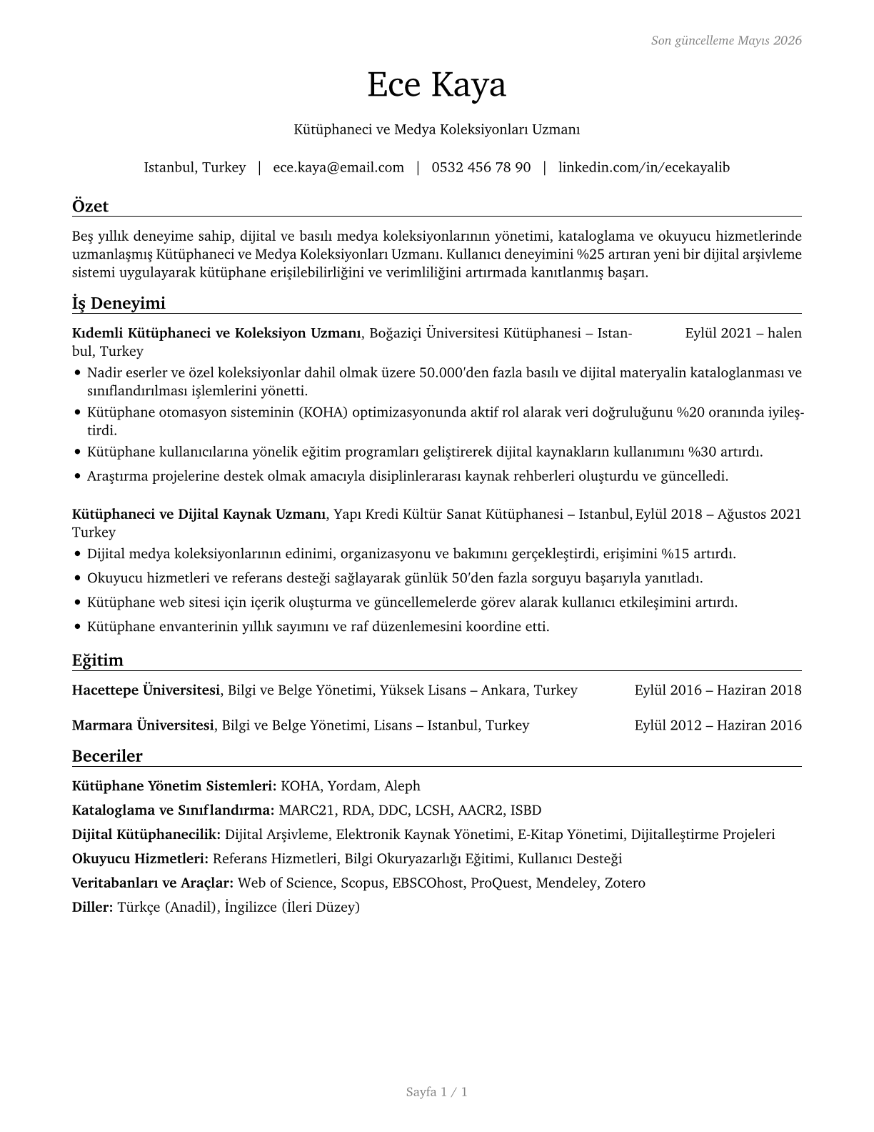 Librarians and Media Collections Specialists CV in Turkish — page 1