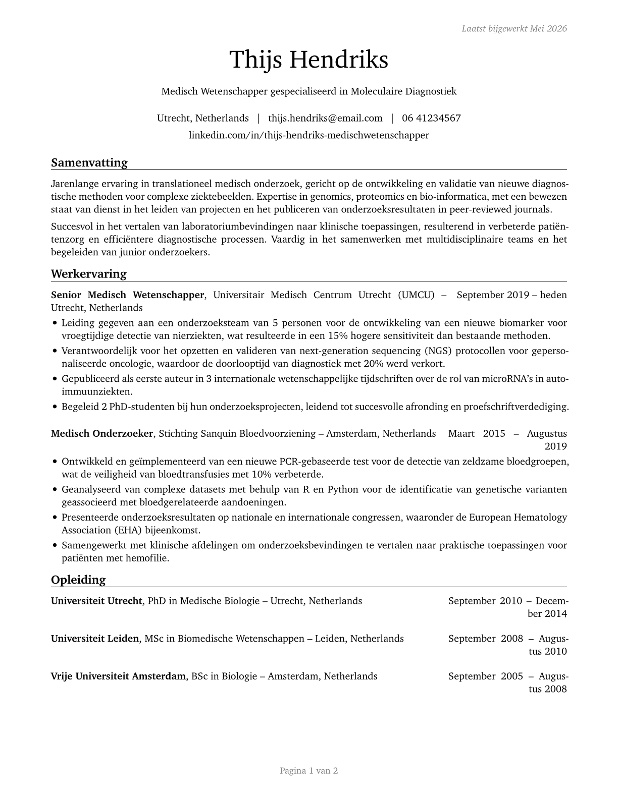 Medical Scientists, Except Epidemiologists CV in Dutch — page 1