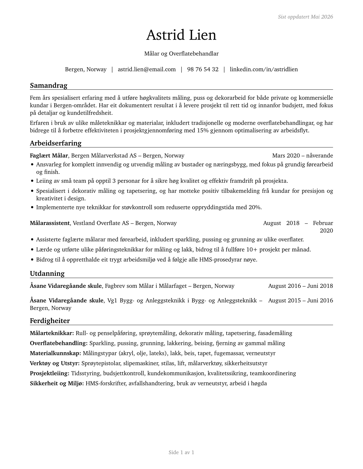 Painting, Coating, and Decorating Workers CV in Norwegian_nynorsk — page 1