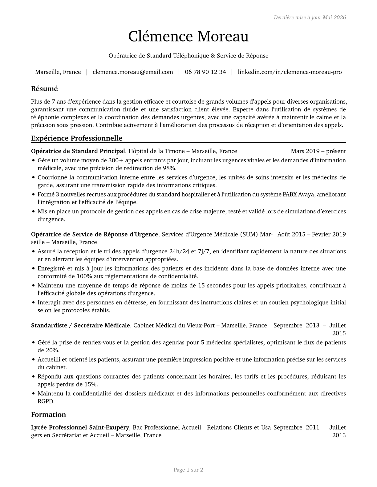 Switchboard Operators, Including Answering Service CV in French — page 1