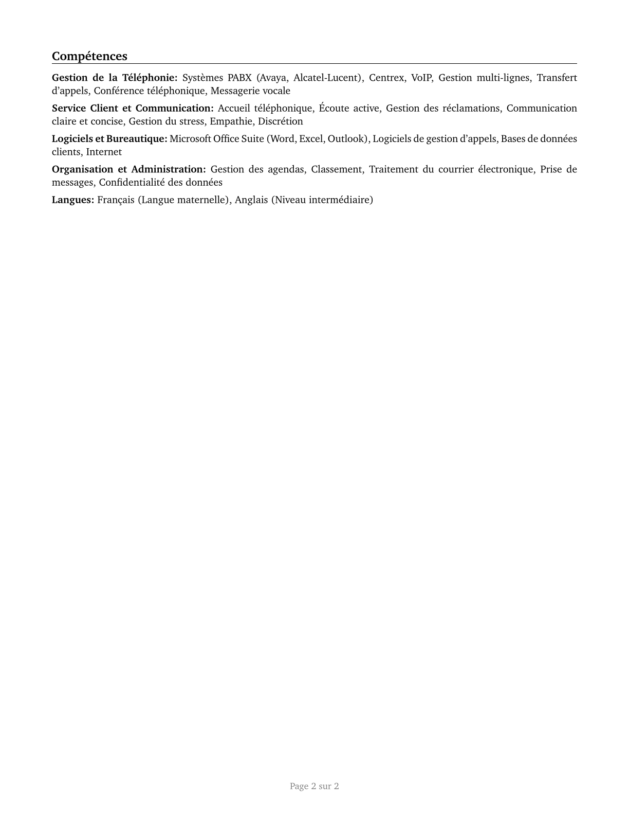 Switchboard Operators, Including Answering Service CV in French — page 2