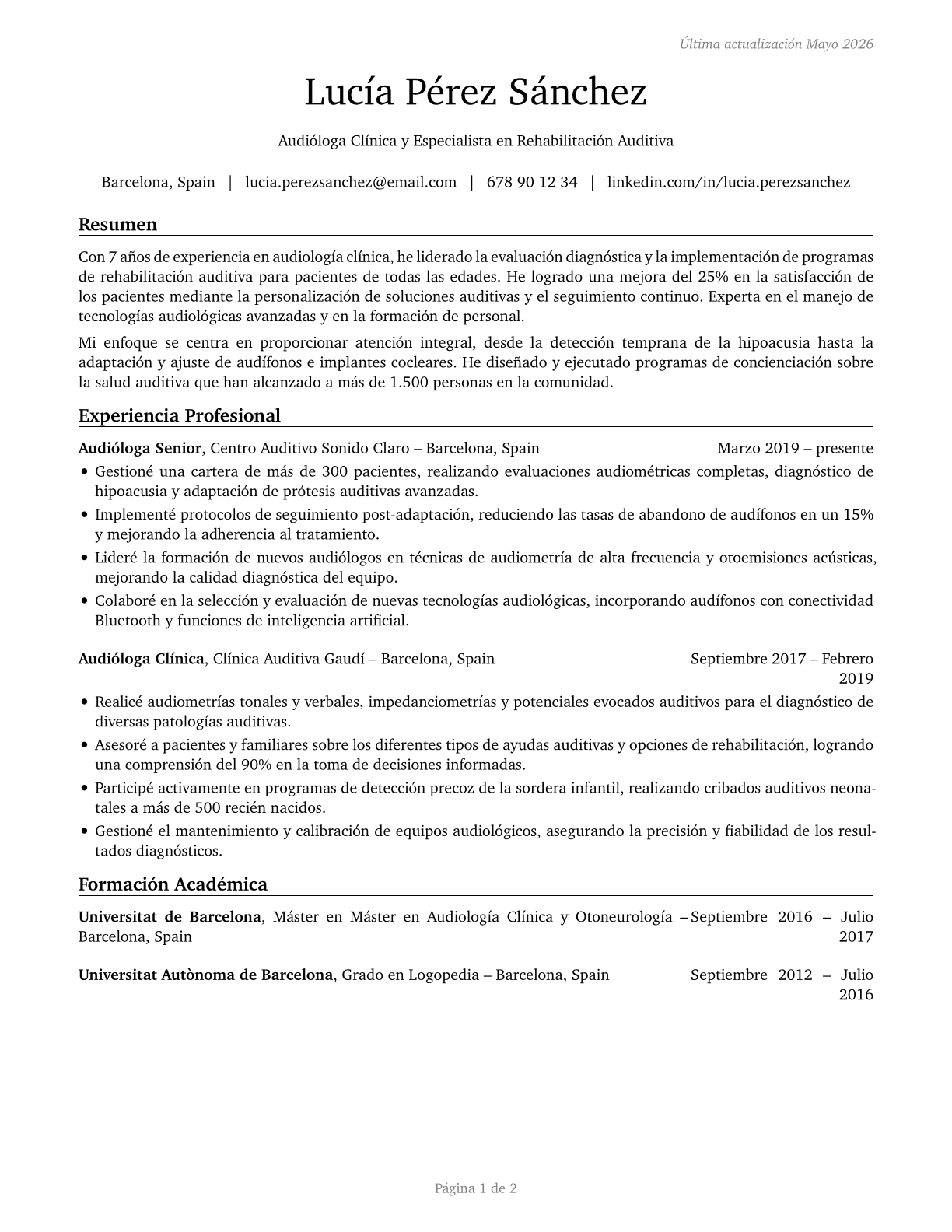 Audiologists CV in Spanish — page 1