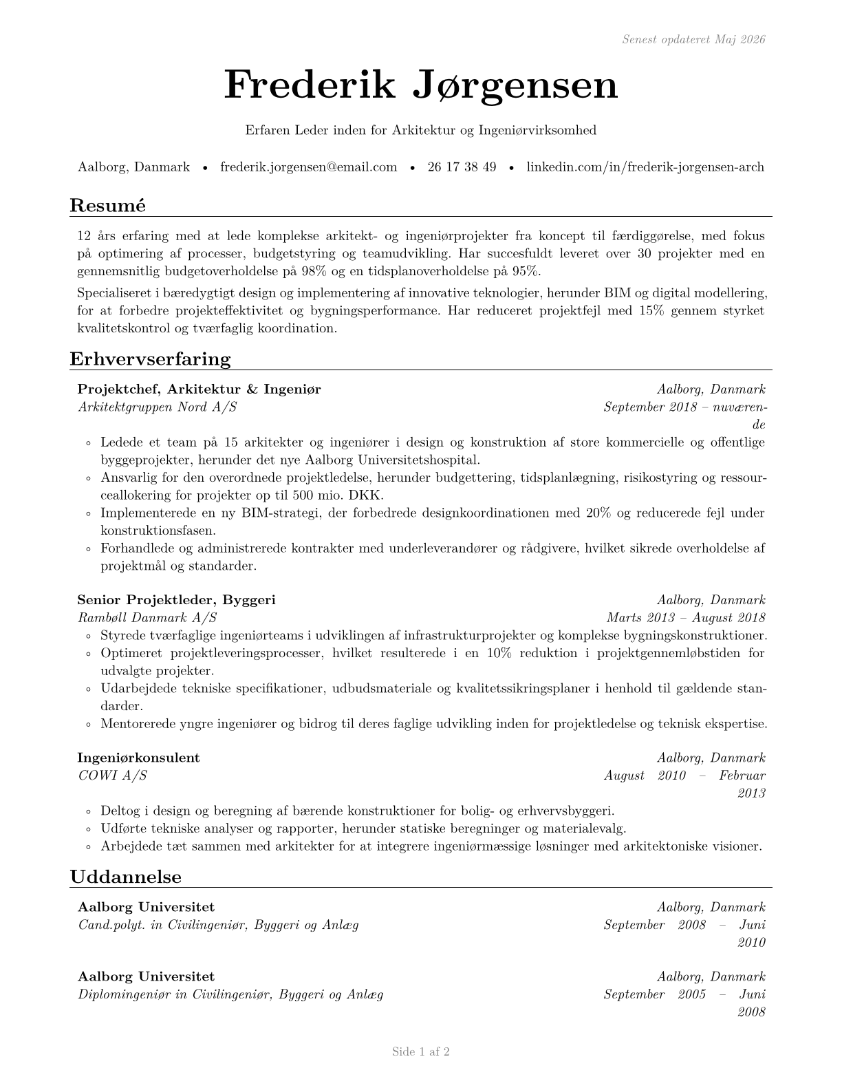 Architectural and Engineering Managers CV in Danish — page 1