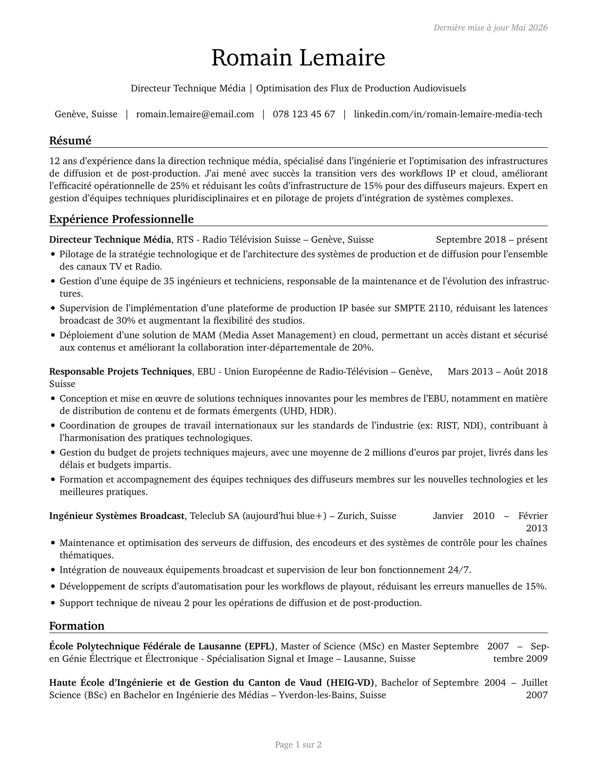 Media Technical Directors/Managers CV in French — page 1