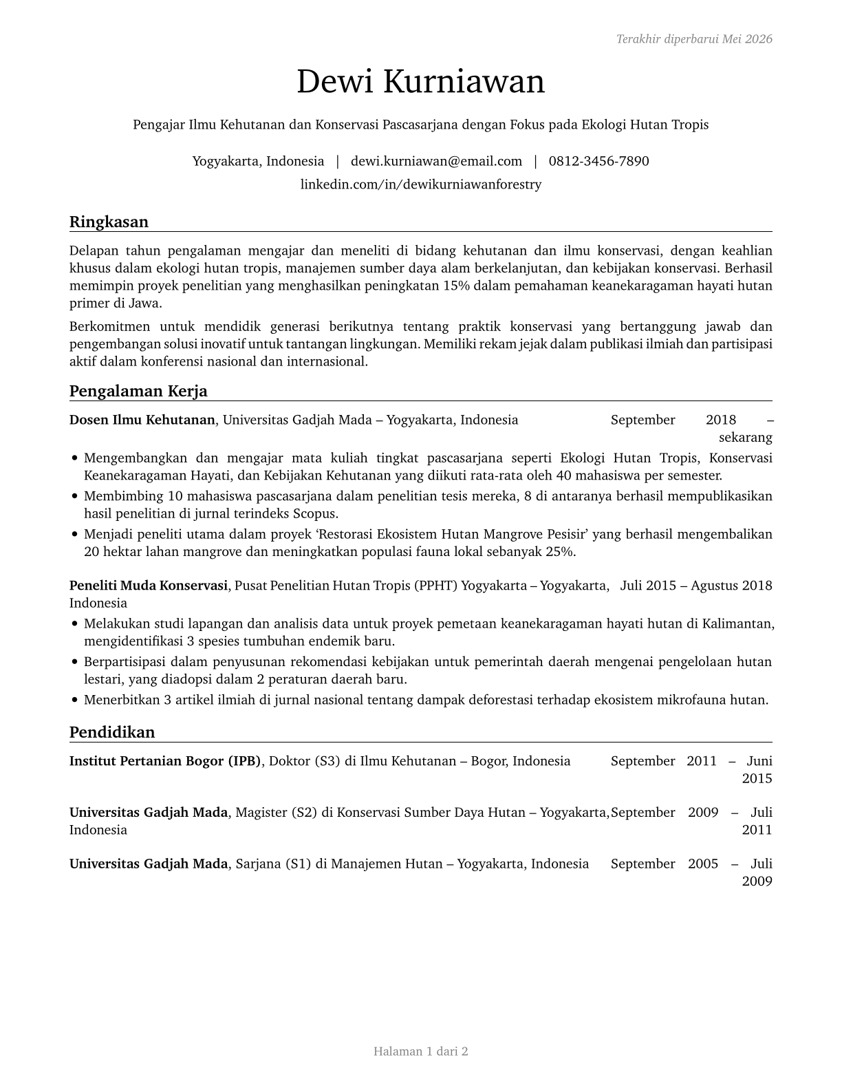 Forestry and Conservation Science Teachers, Postsecondary CV in Indonesian — page 1