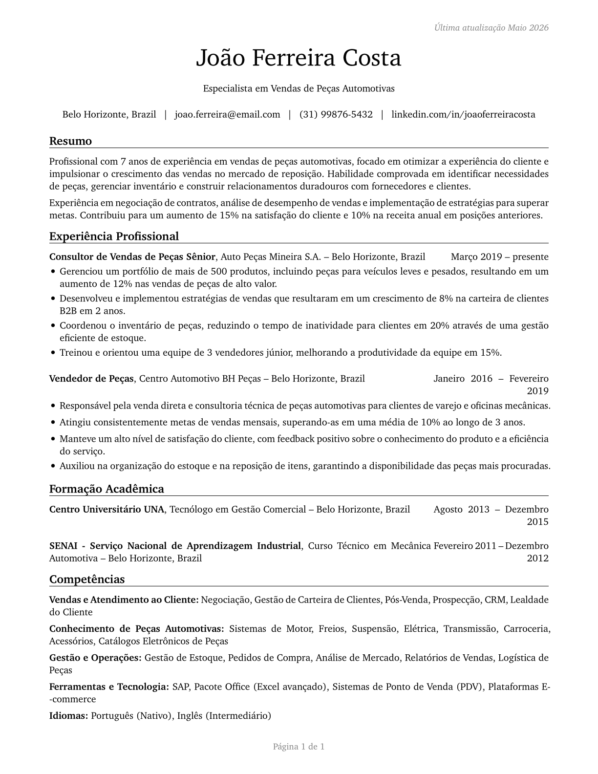 Parts Salespersons CV in Portuguese — page 1