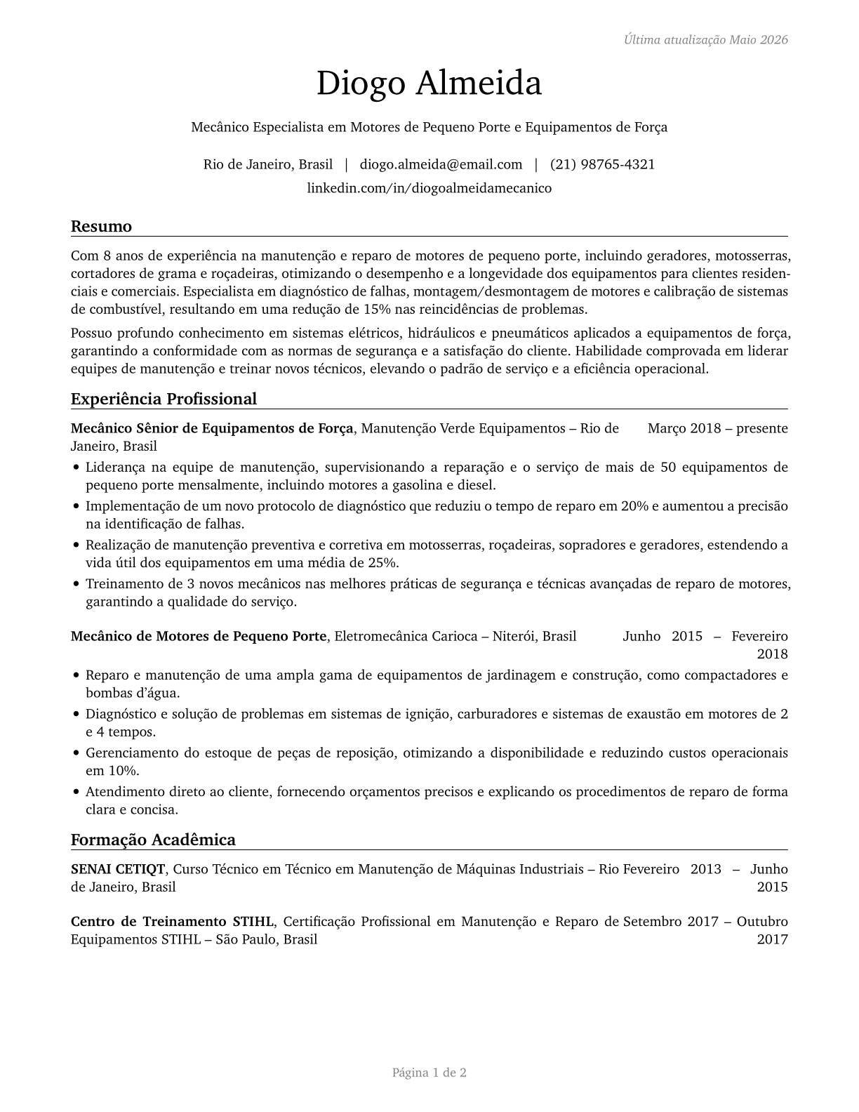 Outdoor Power Equipment and Other Small Engine Mechanics CV in Portuguese — page 1