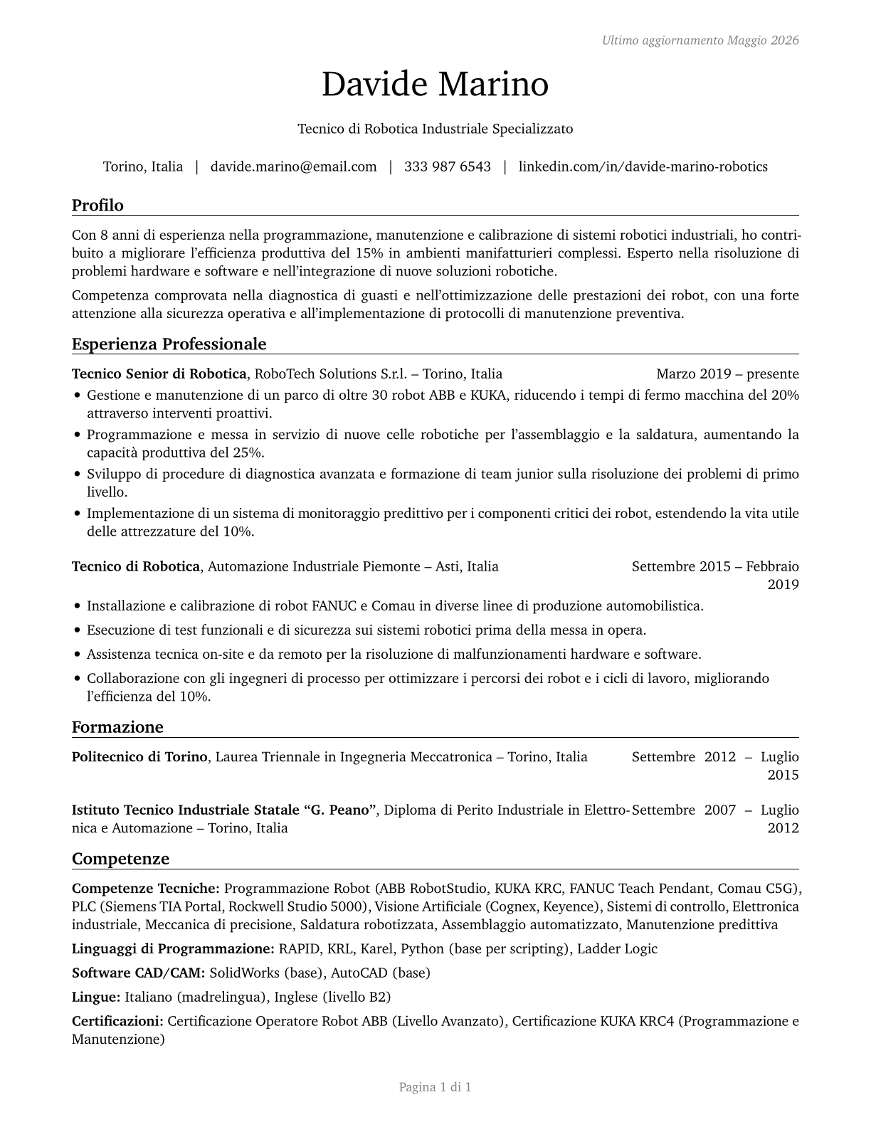 Robotics Technicians CV in Italian — page 1