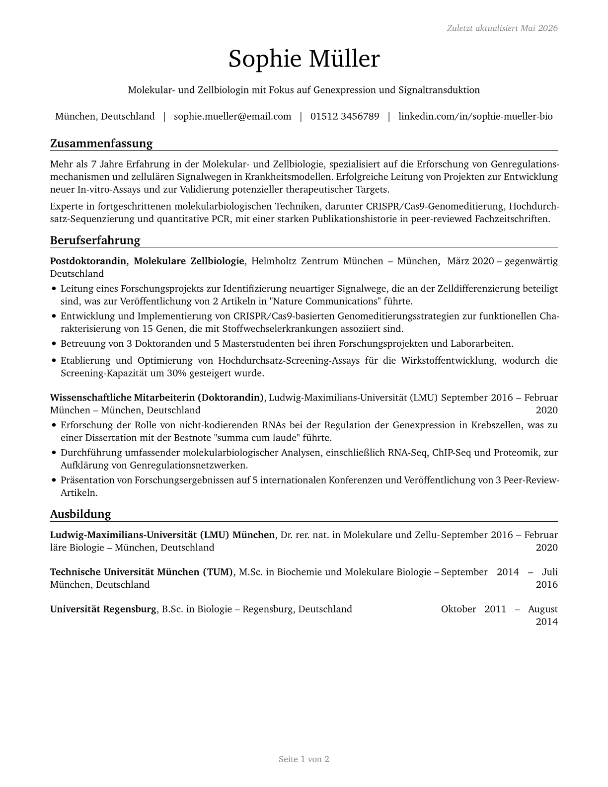 Molecular and Cellular Biologists CV in German — page 1