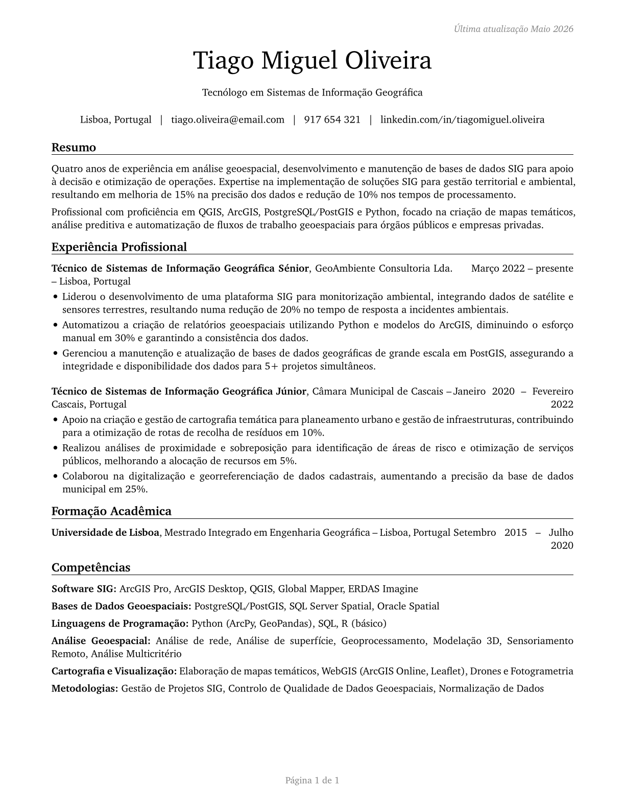Geographic Information Systems Technologists and Technicians CV in Portuguese — page 1