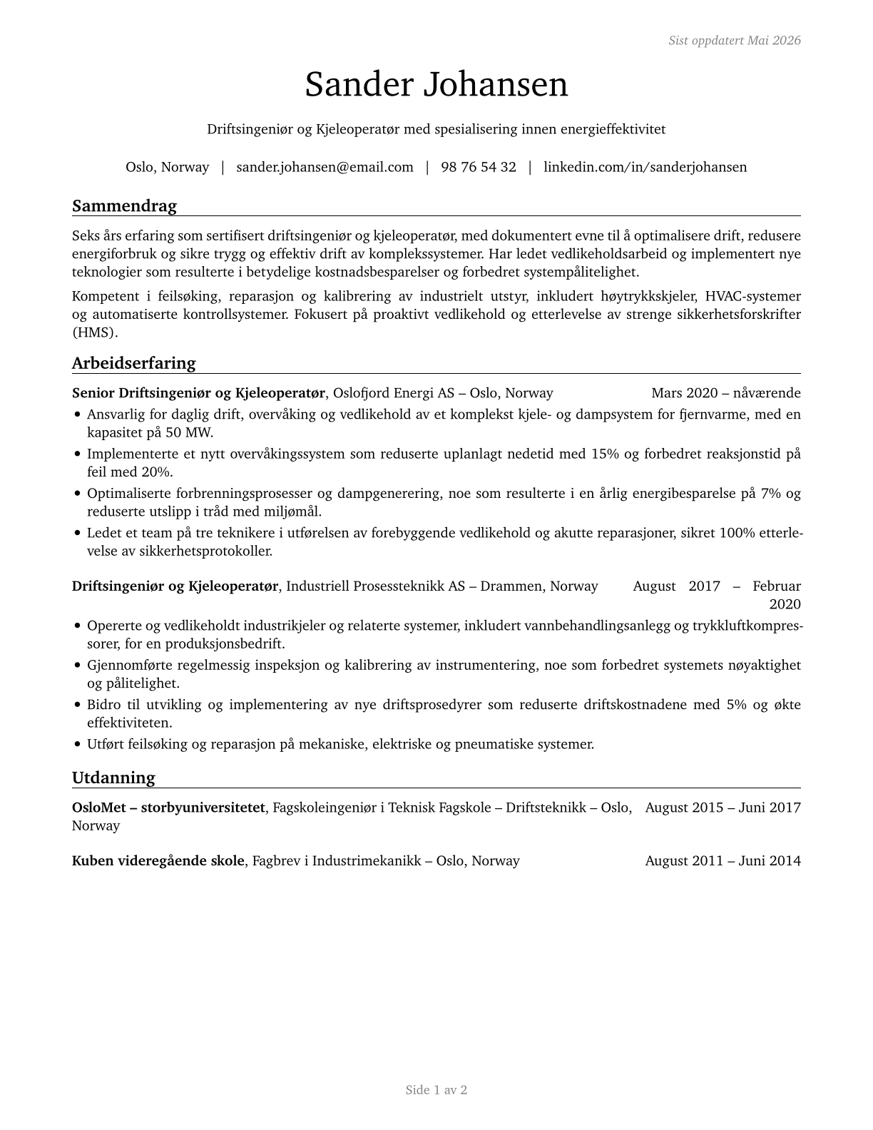 Stationary Engineers and Boiler Operators CV in Norwegian_bokmal — page 1