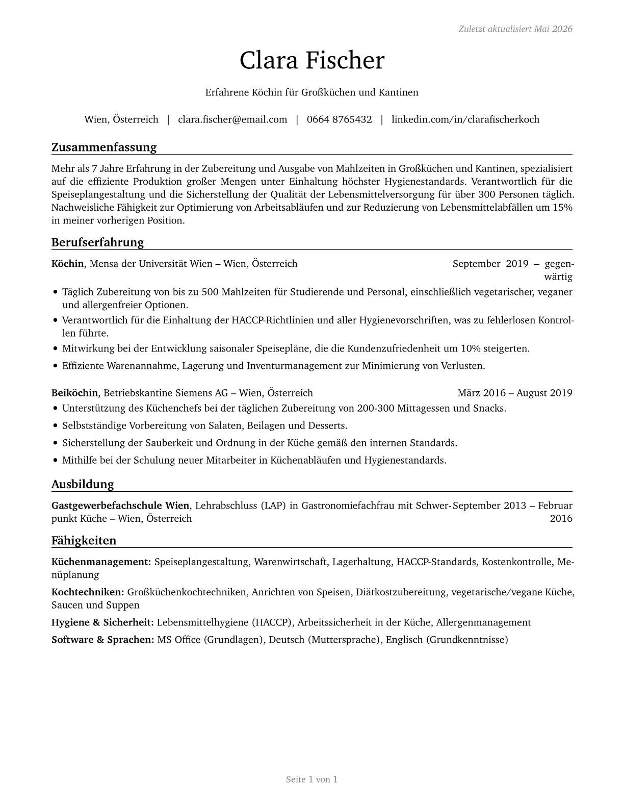Cooks, Institution and Cafeteria CV in German — page 1